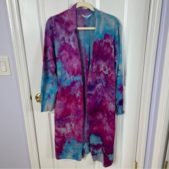 Hand tie dyed duster cardigan topper sweater jacket galaxy purple turquoise XL - Picture 2 of 10